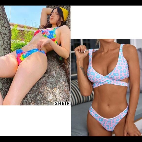 Leopard Wrap High Cut Bikini & Tie Dye Underwire High Leg Bikini Sz L - Picture 1 of 16
